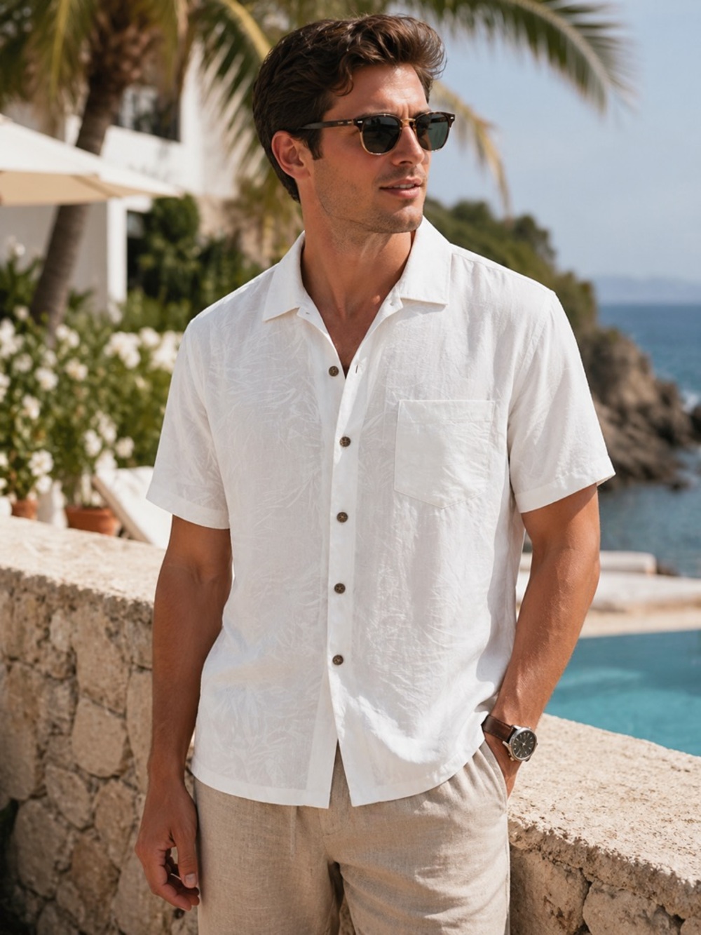 Batik Bay White Short-Sleeve Casual Button-Down Shirt Chest Pocket Medium